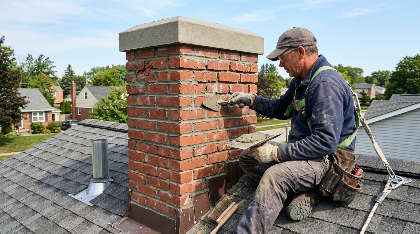 Technician tuckpointing brick masonry and repairing chimney crown on roof